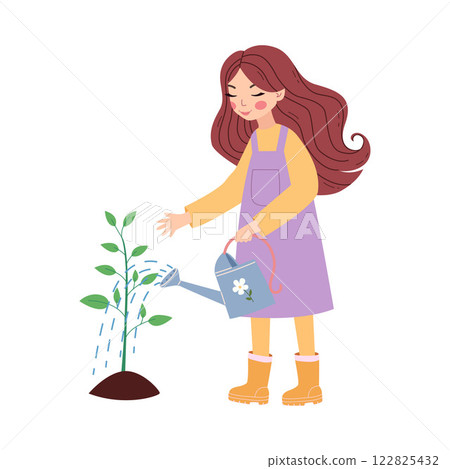 Hand drawn pretty girl watering young plant. Environment concept illustration. World environment day concept. Hand drawn pretty girl watering young plant. Environment concept illustration. World environment day concept. 122825432