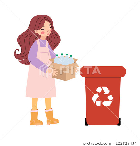 Eco friendly concept. Illustration of young girl holding recycling box. Hand drawn vector illustration Eco friendly concept. Illustration of young girl holding recycling box. Hand drawn vector illustration 122825434
