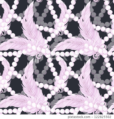 Carnival pink feather with pearls seamless pattern. Hand drawn watercolor masquerade illustration isolated on dark background. Can be used for textile, fabric, scrapbook and other printed products. Carnival pink feather with pearls seamless pattern. Hand drawn watercolor masquerade illustration isolated on dark background. Can be used for textile, fabric, scrapbook and other printed products. 122825502