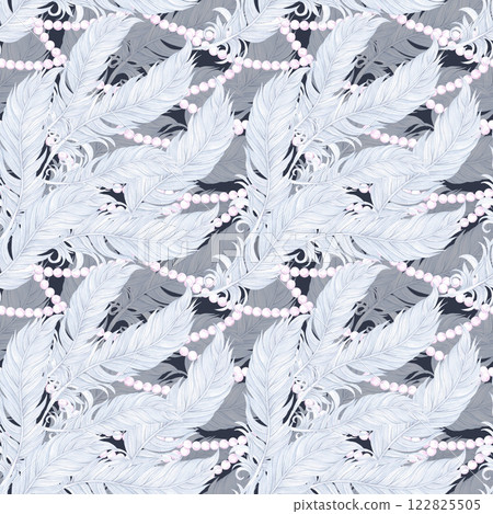 Carnival blue feather with pearls seamless pattern. Hand drawn watercolor masquerade illustration isolated on dark background. Can be used for textile, fabric, scrapbook and other printed products. 122825505
