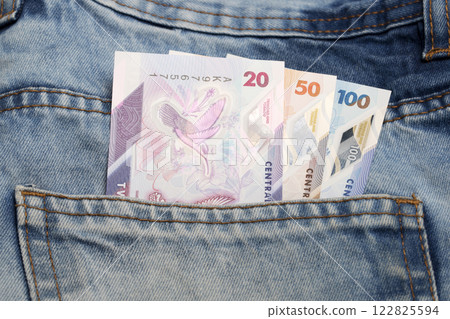 Trinidad and Tobago dollar in the pocket of blue jeans 122825594