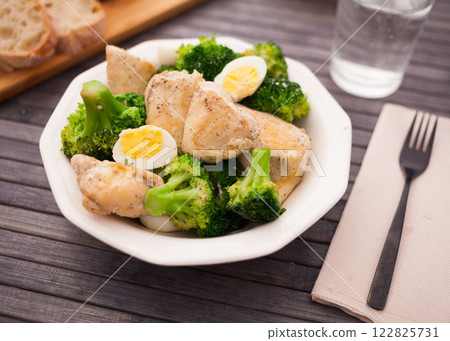 Chicken breast with broccoli and quail eggs on plate for healthy dinner Chicken breast with broccoli and quail eggs on plate for healthy dinner 122825731