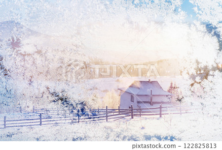 look of Through a frozen window. Amazing mountains in the morning sunlight. Small cozy village. Carpathian, Ukraine, Europe. Beauty world. Happy New Year 122825813