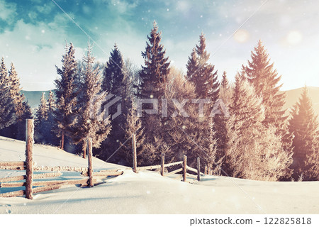 Mysterious winter landscape majestic mountains in winter. Magical winter snow covered tree. Photo greeting card. Bokeh light effect, soft filter. Mysterious winter landscape majestic mountains in winter. Magical winter snow covered tree. Photo greeting card. Bokeh light effect, soft filter. 122825818
