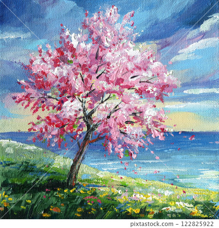 spring landscape with blooming cherry tree, coastal scenery with pink blossoms, impressionist acrylic painting, oil art 122825922