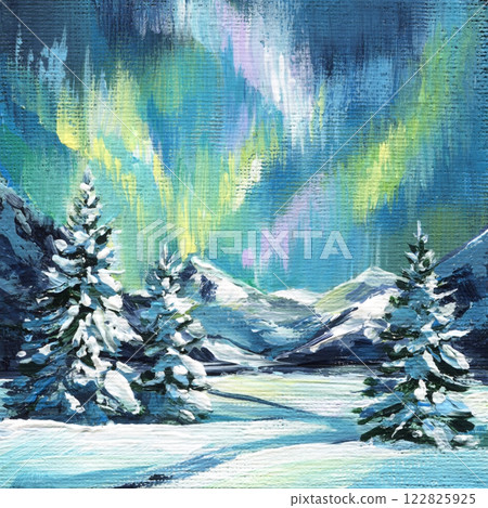 northern lights over snowy mountains, winter night landscape, pine trees, frozen valley and starry sky, acrylic painting northern lights over snowy mountains, winter night landscape, pine trees, frozen valley and starry sky, acrylic painting 122825925