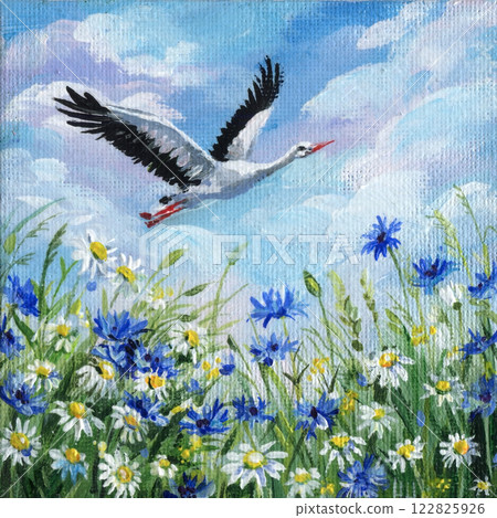 flying stork over wildflower meadow, summer scene with daisies, cornflowers, bird in the sky, acrylic nature painting flying stork over wildflower meadow, summer scene with daisies, cornflowers, bird in the sky, acrylic nature painting 122825926