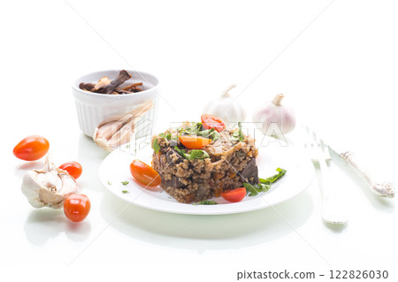 cooked dinner with bulgur and vegetables isolated on white background cooked dinner with bulgur and vegetables isolated on white background 122826030