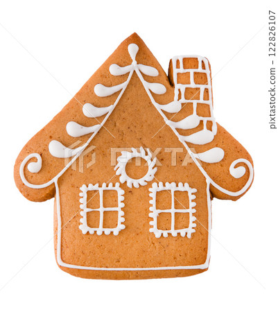 Gingerbread decorated with white sugar glaze isolated on white background. Christmas cookies. Gingerbread decorated with white sugar glaze isolated on white background. Christmas cookies. 122826107