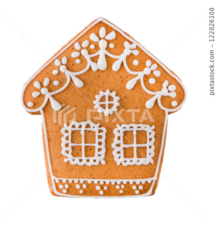 Gingerbread decorated with white sugar glaze isolated on white background. Christmas cookies. Gingerbread decorated with white sugar glaze isolated on white background. Christmas cookies. 122826108