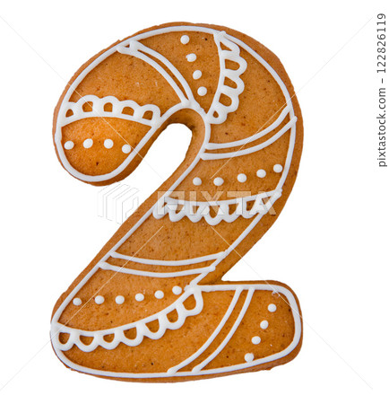 Gingerbread decorated with white sugar glaze isolated on white background. Christmas cookies. 122826119