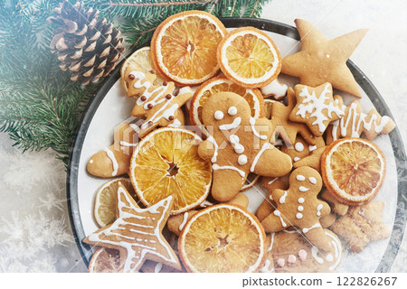 Christmas honey biscuits with orange. Happy New Year and Christmas. Bokeh light soft effect 122826267