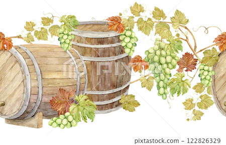 Pattern of old wooden barrels and wine vine. Seamless watercolor frame with casks for juice fermentation and green grape berries. Illustration for winery, distillery and wine production design. Pattern of old wooden barrels and wine vine. Seamless watercolor frame with casks for juice fermentation and green grape berries. Illustration for winery, distillery and wine production design. 122826329