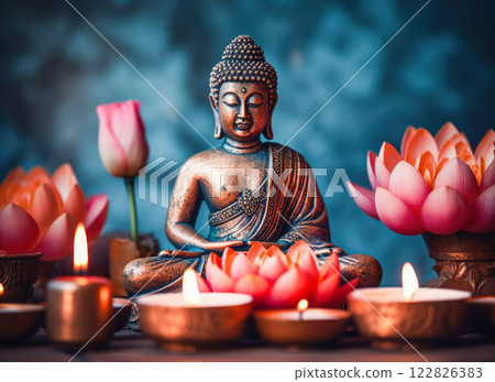 Buddha statue in meditation with lotus flowers and burning candles 122826383