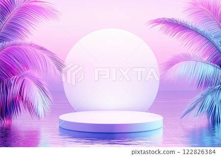 Abstract background with podium and palm leaves in neon light 122826384