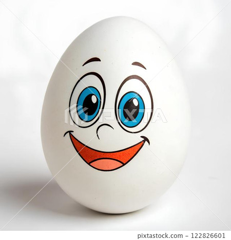 Cheerful white egg with cartoon face, drawn eyes and smile on light background.  122826601