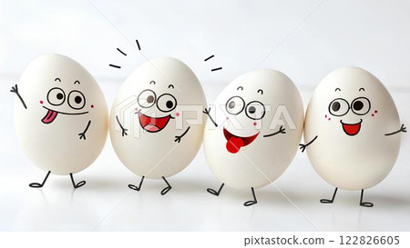 Cheerful white eggs with nmultish faces, eyes and smile with drawn hands and feet on white background.  122826605