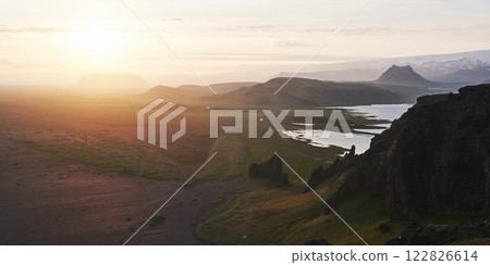 Colorful sunset over the mountains. Fantastic views of the landscape in Iceland. Beauty world 122826614