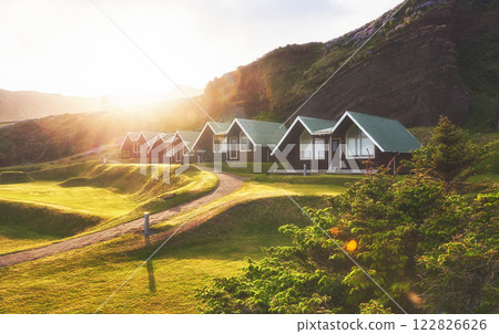 Traditional Icelandic houses with grass roof in Skogar Folk Museum, Iceland 122826626