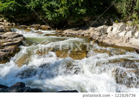 Mountain river. Flow of water over stones. Cascades. Mountain river. Flow of water over stones. Cascades. 122826736