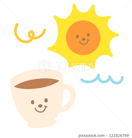 Hot coffee in a glass and sun for cafe, restaurant, drink menu, recipe decoration, sticker, department store, supermarket, beverage, kitchenware, cute patch, brooch, office snack, breakfast, picnic 122826799