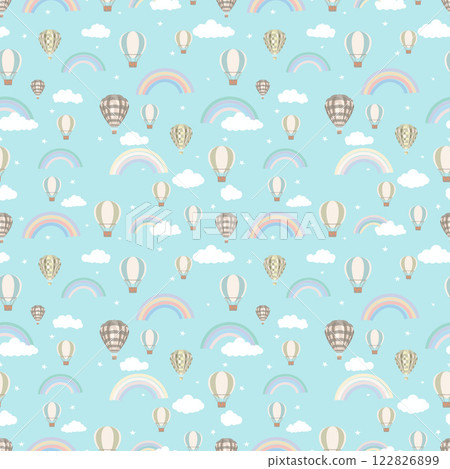 Sky, balloons, clouds, stars, light blue background, cartoon children's background, seamless pattern 122826899