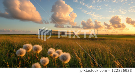 serene landscape featuring modern building, wind turbines, and fluffy flowers colorful sky serene landscape featuring modern building, wind turbines, and fluffy flowers colorful sky 122826928