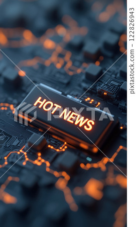Illuminated button saying HOT NEWS on circuit board background 122826943
