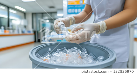 Healthcare worker disposing of used medical gloves in clinic 122826970