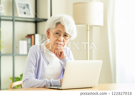 Senior woman worried about computer Senior woman worried about computer 122827018
