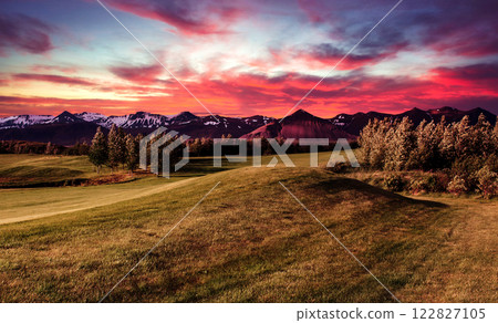 Mountain valley during bright sunrise. Beautiful natural landscape Mountain valley during bright sunrise. Beautiful natural landscape 122827105
