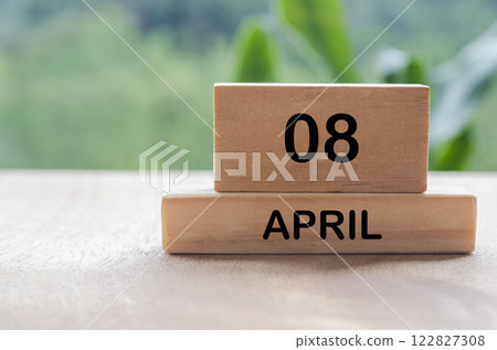 8 April calendar on wooden table with customizable space for text, ideas or messages. Calendar and copy space concept 8 April calendar on wooden table with customizable space for text, ideas or messages. Calendar and copy space concept 122827308