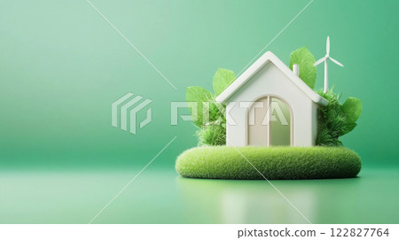 Eco friendly house model with green grass, leaves, and wind turbine on green background. Earth day concept. 122827764