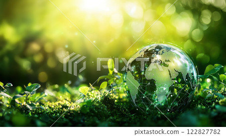 Glass globe resting on vibrant green foliage, symbolizing sustainability and nature. Earth day concept. 122827782