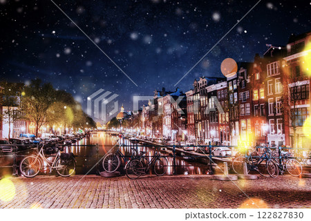 Bicycles Parked Along a Bridge Over the Canals of Amsterdam, Net Bicycles Parked Along a Bridge Over the Canals of Amsterdam, Net 122827830