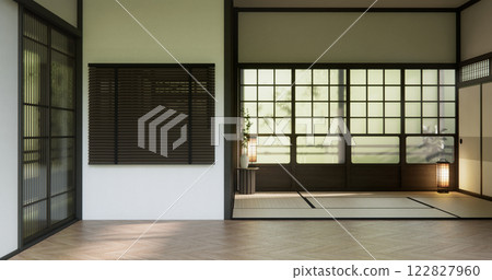 Muji style Empty room minimal with wood panels wall background 122827960
