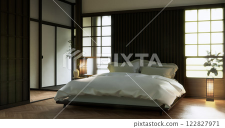 Bedroom japanese minimal style.,Modern white wall and wooden floor. Bedroom japanese minimal style.,Modern white wall and wooden floor. 122827971