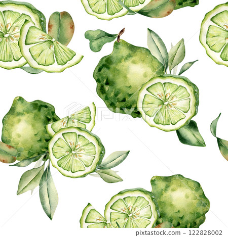 Seamless pattern with lime slices and leaves isolated. Fresh green citrus hand drawn by watercolor on repeated background. Perfect for summer textiles, packaging, wallpaper, and botanical prints. 122828002