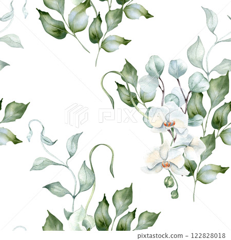 Seamless watercolor pattern with white orchids, eucalyptus, and holly leaves. Wavy branches and delicate floral bouquet in pastel shades hand drawn. Elegant botanical print for textiles, and wrapping. 122828018