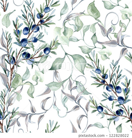 Juniper twigs and winding vines in sage green hand painted seamless pattern isolated. Watercolor botanical repeated background for textile, wedding decor, fabric. Delicate greenery for pattern design. Juniper twigs and winding vines in sage green hand painted seamless pattern isolated. Watercolor botanical repeated background for textile, wedding decor, fabric. Delicate greenery for pattern design. 122828022