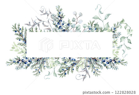 Watercolor invitation of juniper berries and branch in a border isolated. Soft leaves in sage green sketch hand drawn. Coniferous greenery for packaging, natural cosmetics, vintage botanical prints. Watercolor invitation of juniper berries and branch in a border isolated. Soft leaves in sage green sketch hand drawn. Coniferous greenery for packaging, natural cosmetics, vintage botanical prints. 122828028