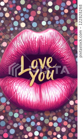 I love you text and pink kissing lips close up 122828268