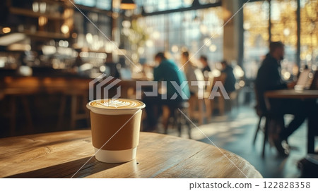a cup of hot coffee on wood table in a cafe 122828358