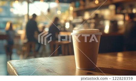 white coffee cup on wood table in cafe 122828359