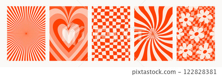 Abstract psychedelic pattern set. Groovy backgrounds with hearts and flowers in red colors. Trendy funky vector textures in abstract y2k style. Vector graphic for posters and art prints. 122828381