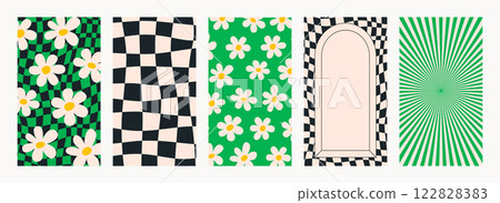 Abstract psychedelic retro pattern set. Groovy Trendy backgrounds in abstract y2k style. Vector graphic for posters and art prints. 122828383