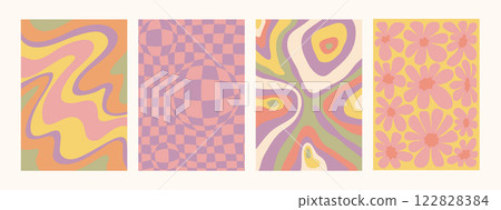 Abstract psychedelic retro pattern set. Groovy backgrounds in retro colors. Trendy twisted funky vector texture in abstract y2k style. Vector graphic for posters and art prints 122828384