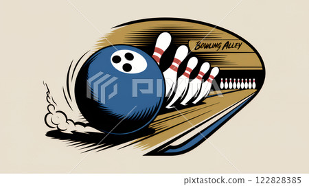 A vintage illustration of a bowling logo with kegling ball and pins. The background has a text "Bowling Alley". Bowling ball and skittles on a bowling alley.  122828385