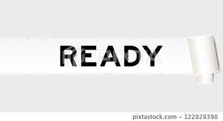 Ripped gray paper background that have word ready under torn part 122828398