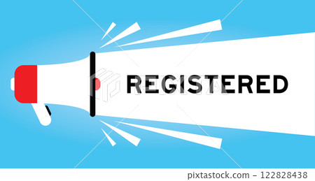 Color megaphone icon with word registered in white banner on blue background Color megaphone icon with word registered in white banner on blue background 122828438